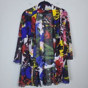 Ali Miles Womens Artsy Open Front Cardigan Medium Petite Floral Sheer Colorful
